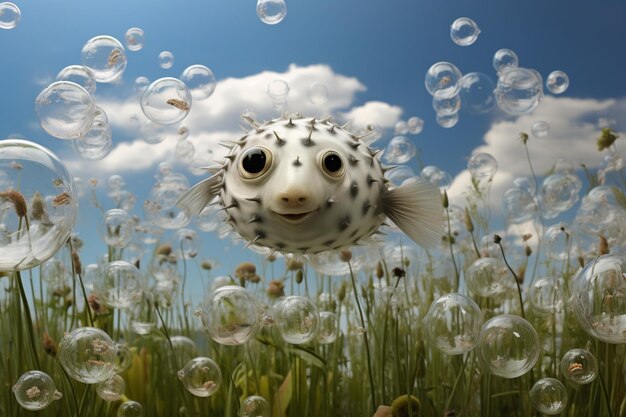 Photo puffer fish surrounded by a radiant field of sea bubbles