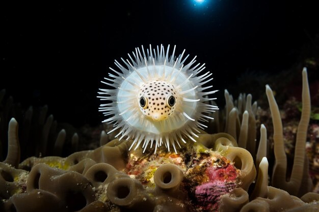 A puffer fish surrounded by a radiant halo of light in a tranquil reef setting