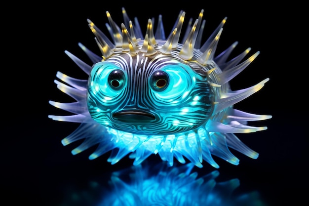 A puffer fish with a radiant glow in a magical underwater realm