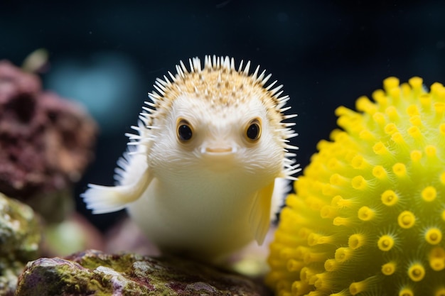 A puffer fish with a unique stylish design swimming through a bright reef