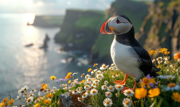 A puffin standing in the mountains against the background of the mountains and the sea