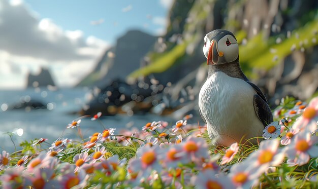 A puffin standing in the mountains against the background of the mountains and the sea