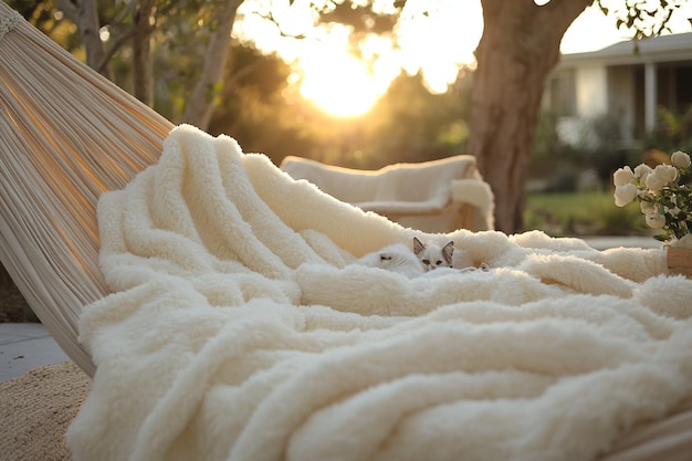 Photo a puffy blanket draped over a hammock