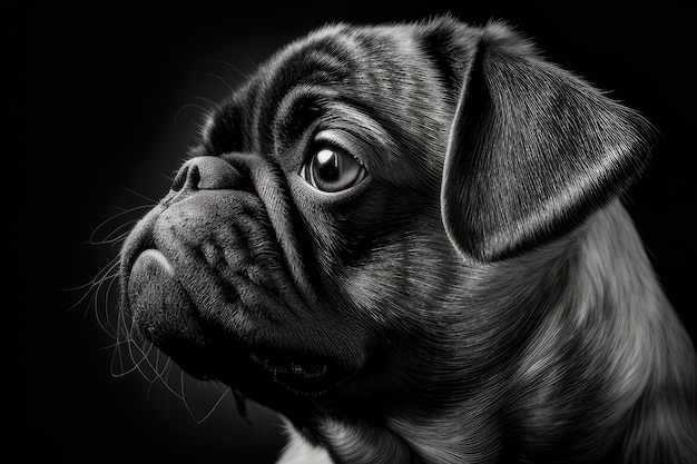 pug in a black and white closeup