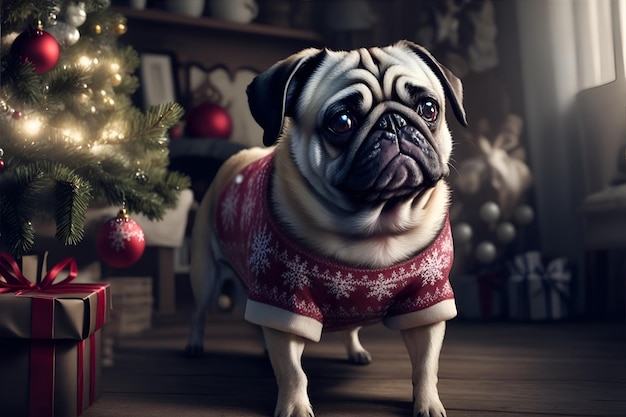 Pug in Christmas pullover Generative AI