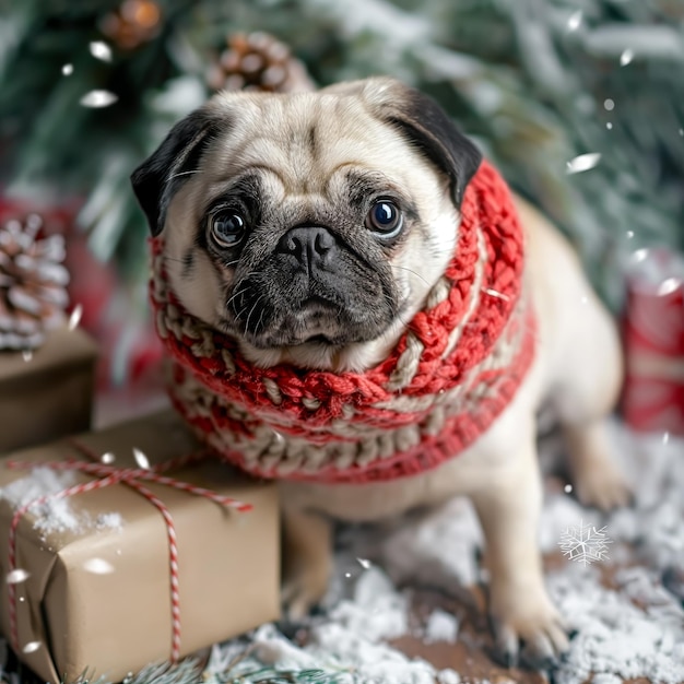 Photo pug in colored scarf with gift box by christmas tree