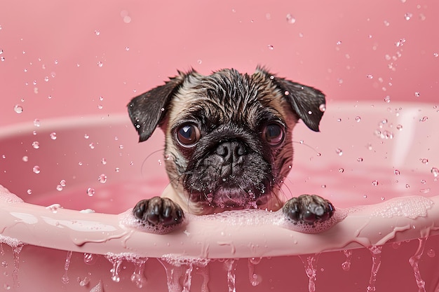 Photo a pug dog is in a bath tub with water splashing around it