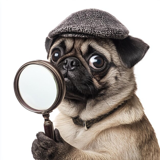 Photo a pug dog is looking through a magnifying glass