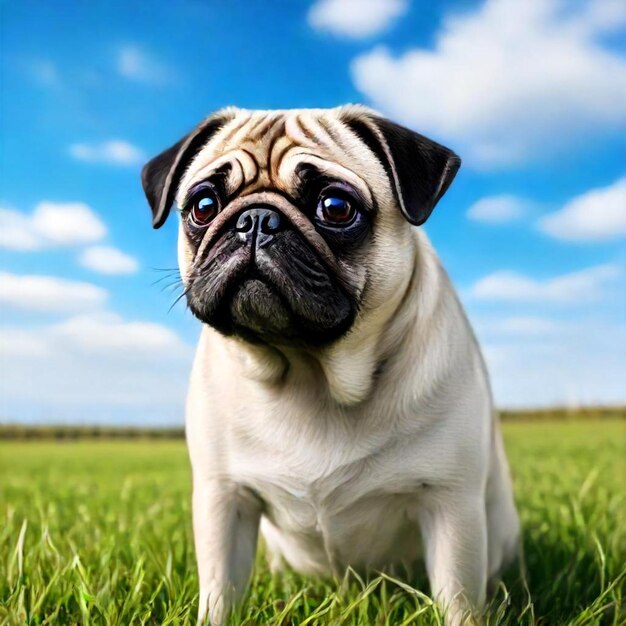 a pug dog is sitting in the grass with a sky background