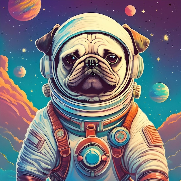 a pug dog is in a space with planets and stars