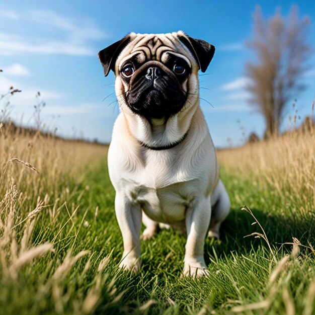 a pug dog is standing in a field with a sky background