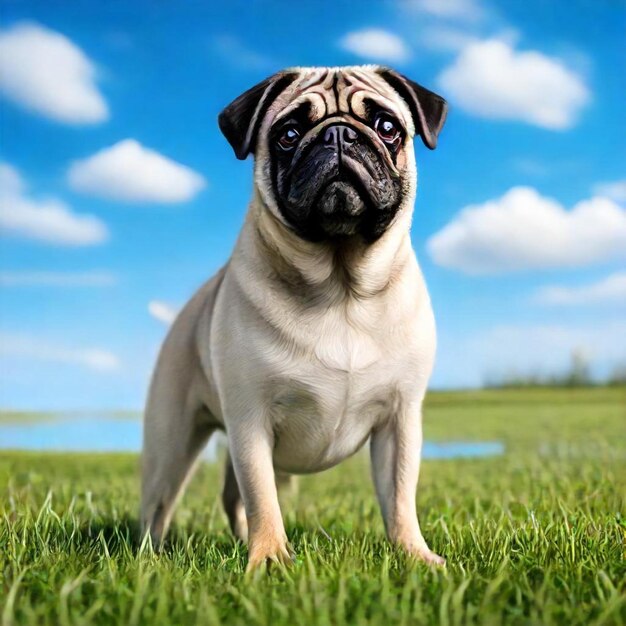 a pug dog is standing in the grass with a blue sky in the background