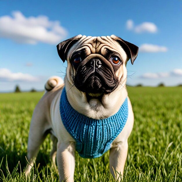 a pug dog is standing in the grass with a blue sweater on