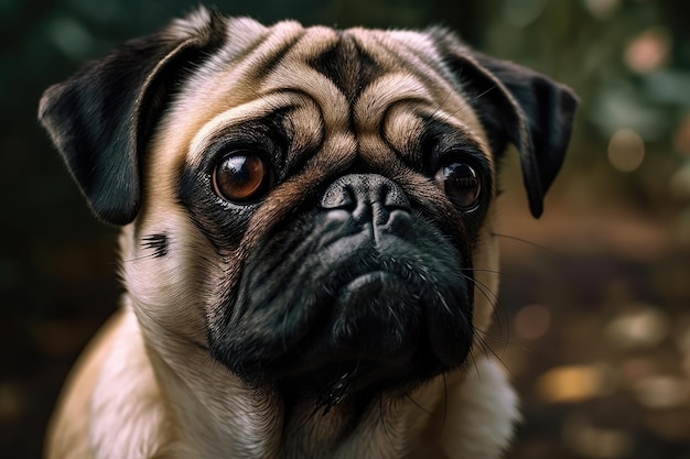 Pug Dog Looking At Camera In Very Close Up Headshot With Huge Brown Eyes Mops