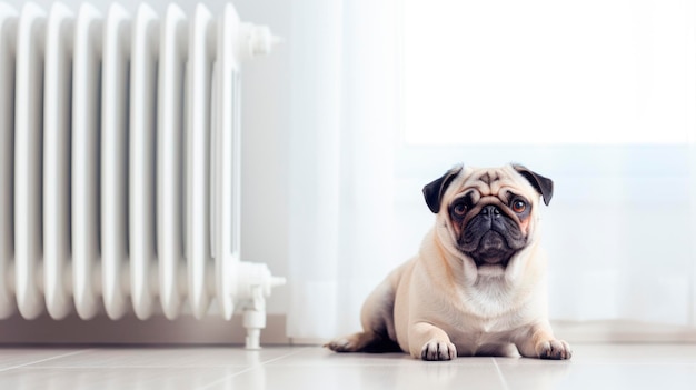 Pug dog lying on the floor with heating radiator in the background