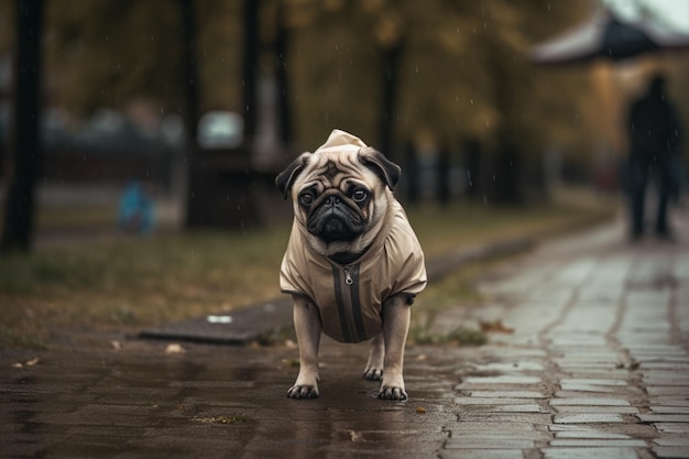 A pug dog in a raincoat stands on a wet sidewalk.