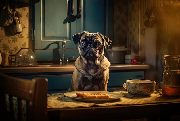 Pug dog sitting on a chair and waiting for food in the kitchen