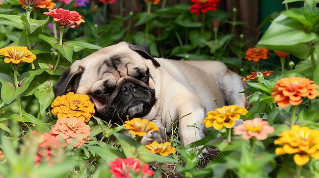 Pug Dog Sleeping in Red Zinnias Garden