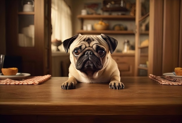 Pug dog standing under the table waiting for food in the kitchen