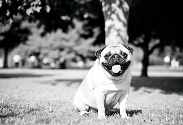 Photo pug dog sticking its tongue out sitting under tree in park