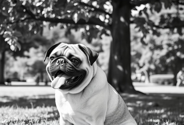 Pug dog sticking its tongue out sitting under tree in park