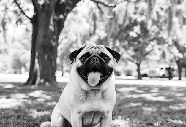 Pug dog sticking its tongue out sitting under tree in park