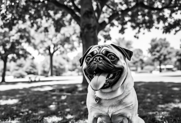 Pug dog sticking its tongue out sitting under tree in park