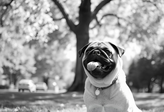 Photo pug dog sticking its tongue out sitting under tree in park