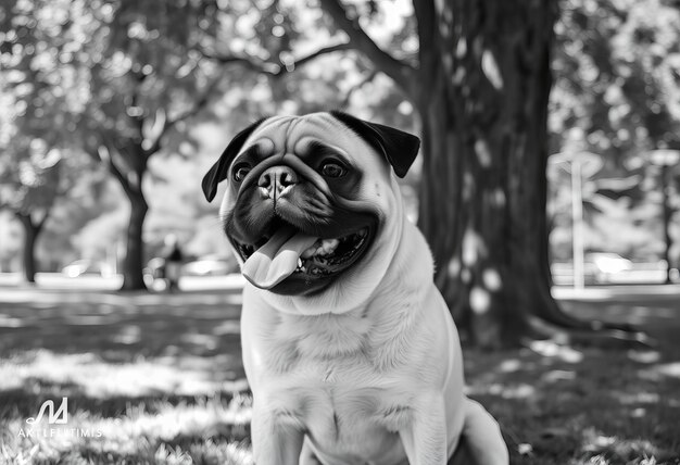 Photo pug dog sticking its tongue out sitting under tree in park