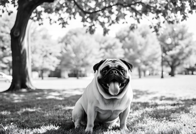 Pug dog sticking its tongue out sitting under tree in park