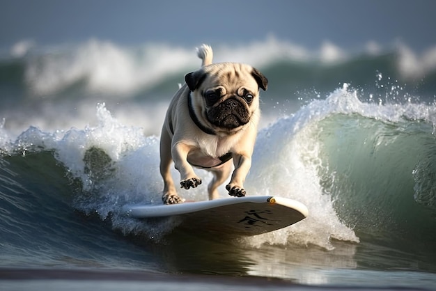 Pug dog surfing ai generative