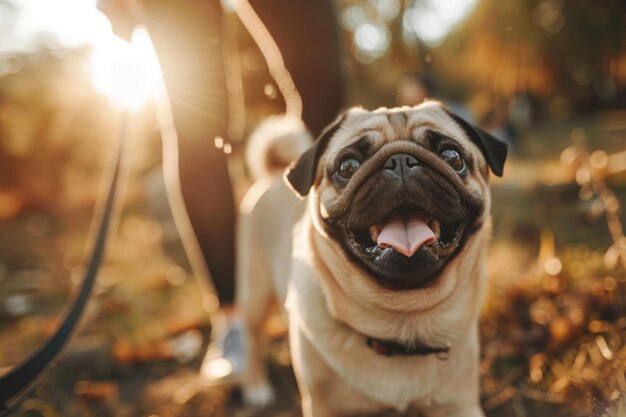 Photo a pug dog walk in the park sunny weather