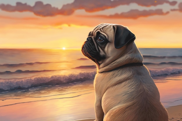 A Pug dog watching the sunset on the beach