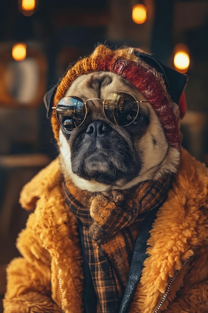 A pug dog wearing sunglasses and a fur coat