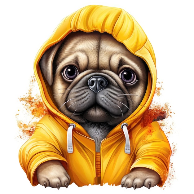 Pug Dog Wearing Yellow Raincoat