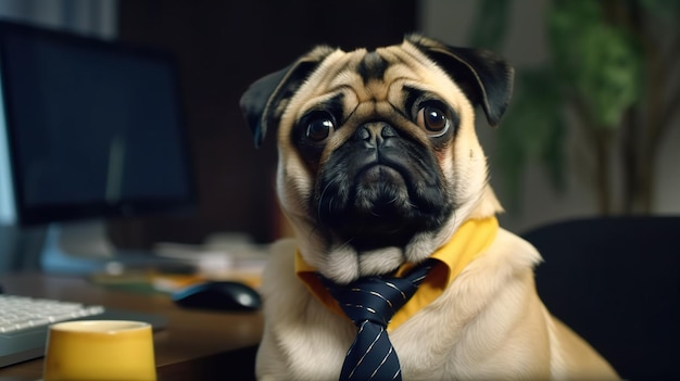 A pug dog wearing a yellow shirt and tie sits in front of a computer monitor.