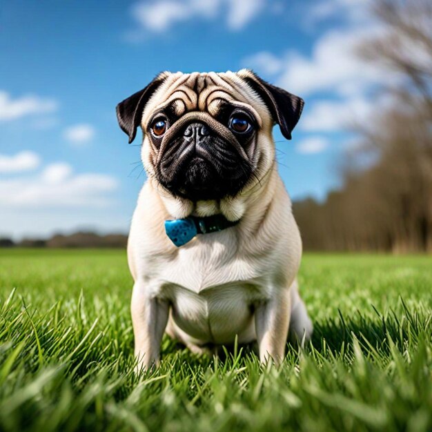 a pug dog with a blue collar and a collar on