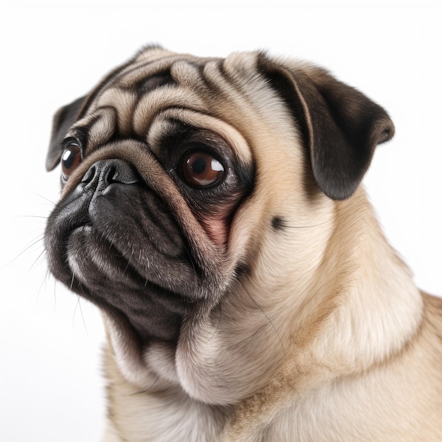 A pug dog with a brown nose and a black nose.