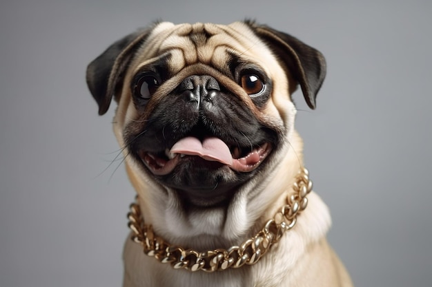 A pug dog with a chain collar and chain around its neck