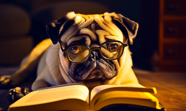 A pug dog with glasses reading a book