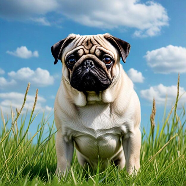 a pug dog with a mask on his face stands in the grass