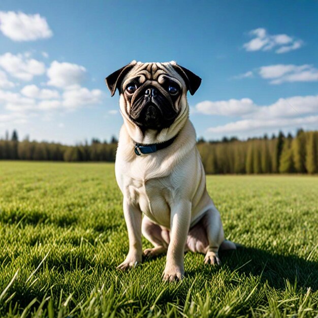 a pug dog with a pug mask on his face is sitting in the grass