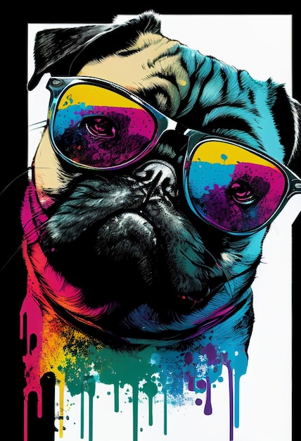 A pug dog with rainbow colored glasses is on a black background.