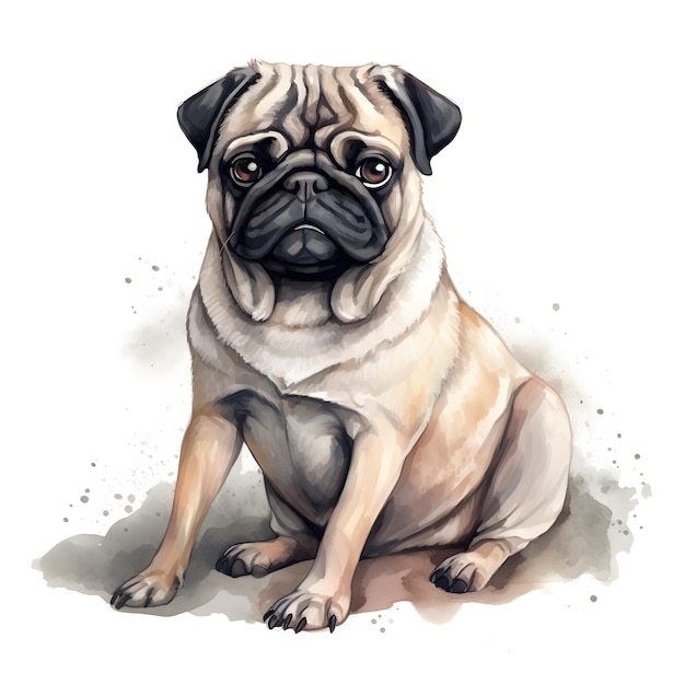 A pug dog with a sad face sits on a white background.