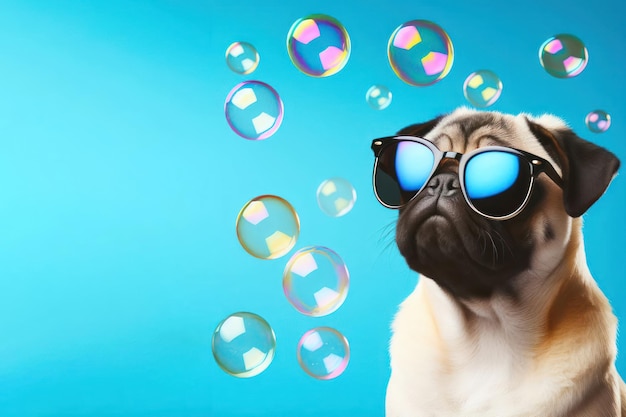 pug dog with sunglasses with soap bubbles on bright blue background