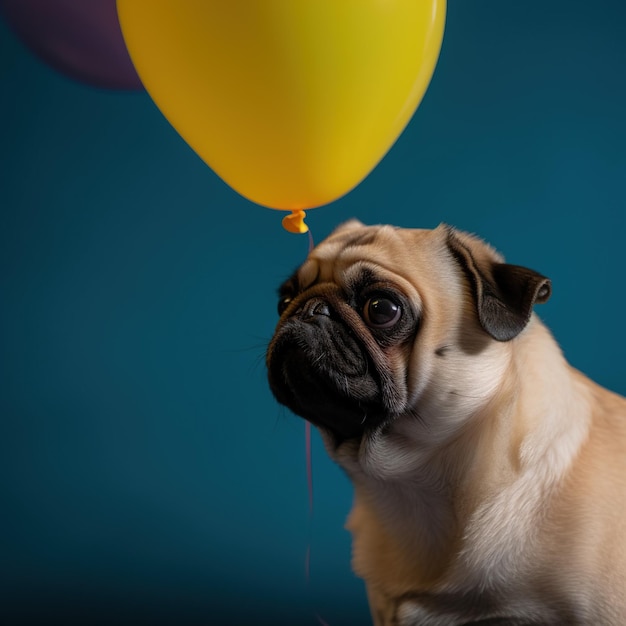 A pug dog with a yellow balloon in front of it.