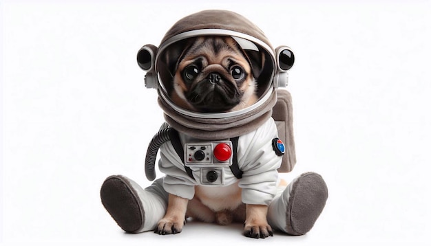 Pug donned in an astronaut costume with a helmet seated against a white backdrop