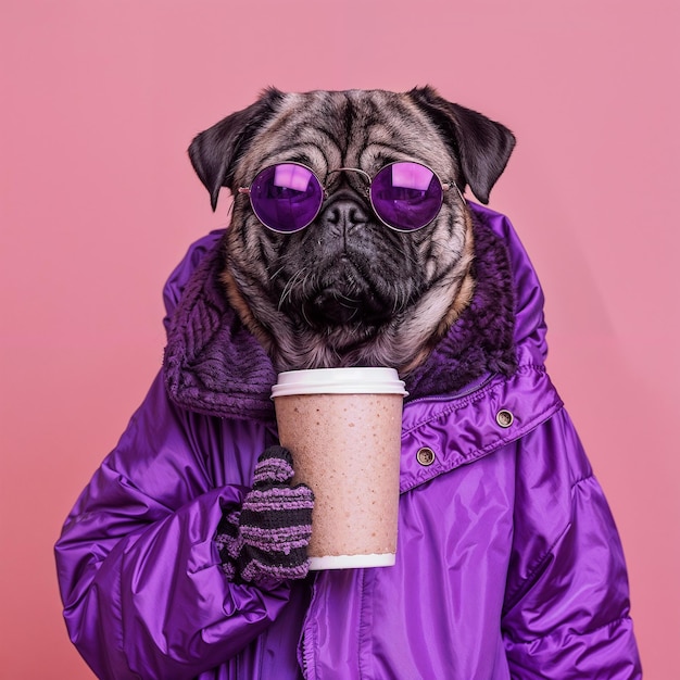 Pug drinks coffee wearing a purple jacket and glasses