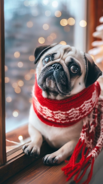 Pug in festive scarf by christmas lights