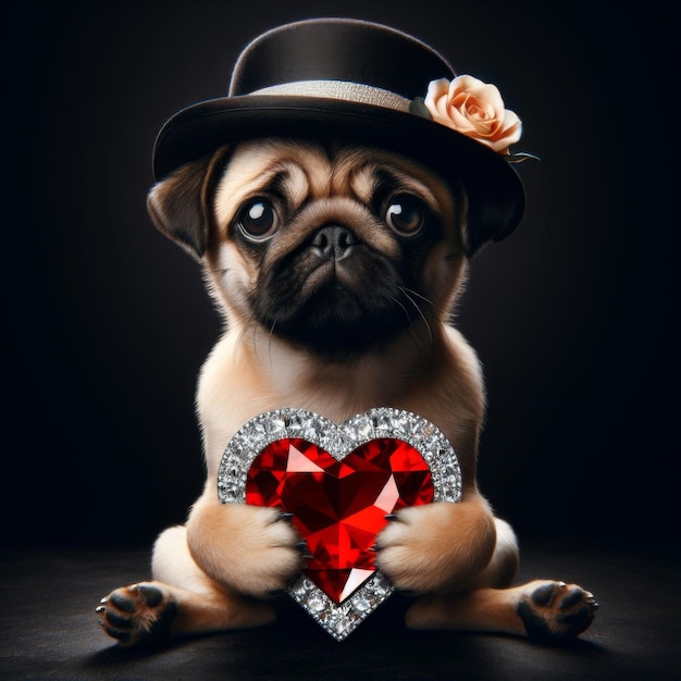 pug in a hat with a heart